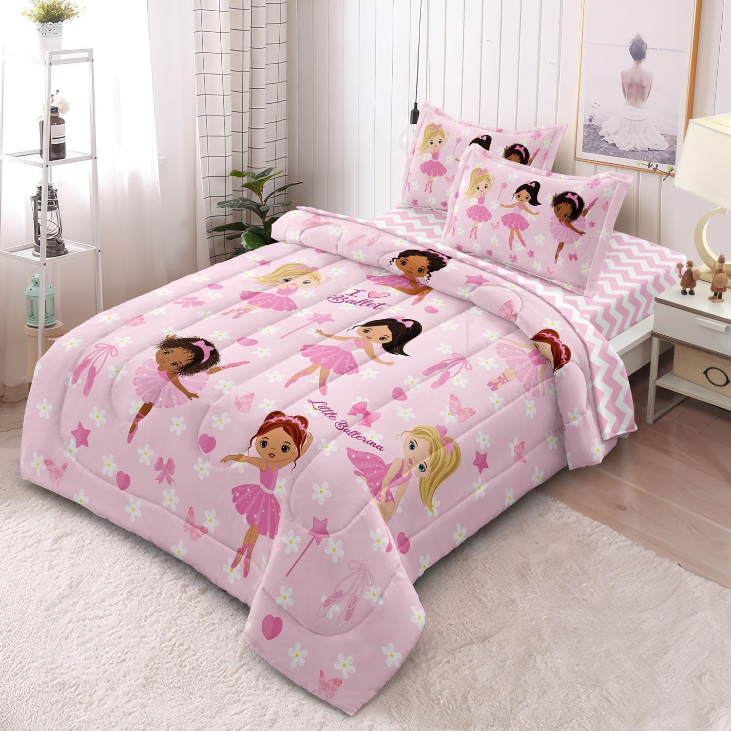 Full Bedding Set for Girls Kids 5 Pieces Comforter Sets Bed in a Bag Pink Floral Ballerina Bedding Comforter Sheet Set Cute Bedroom Decor - Image 2