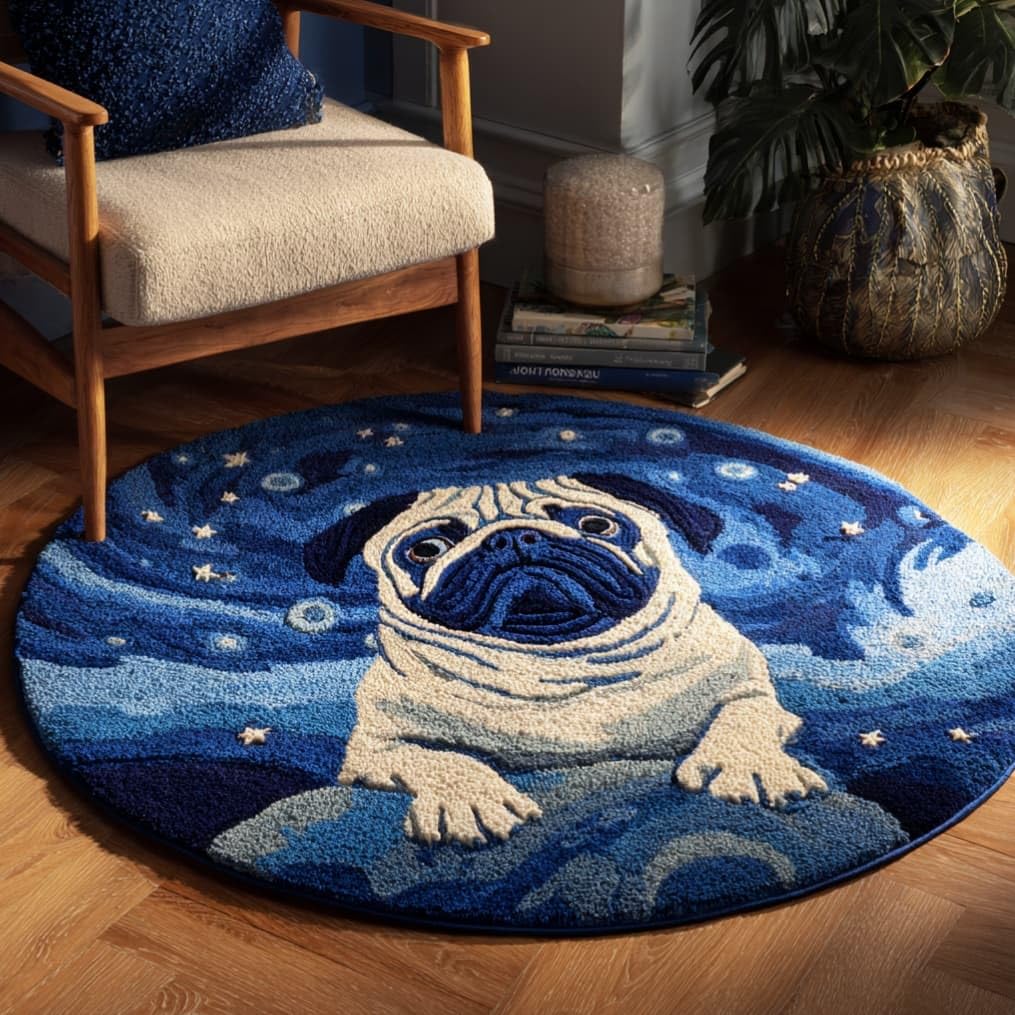 kitphoenix Round Shape Latch Hook Kits Rug Pug DIY Cushion Rug Carpet Making Crochet Hook Kits Preprinted Pattern Canvas Cushion Yarn Hooking Kits Mat Kits 50X50Cm