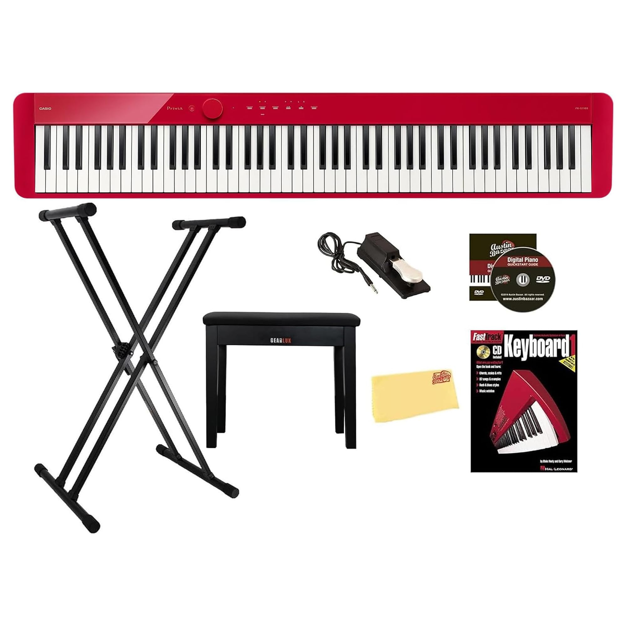 Casio Privia PX-S1100 Digital Piano - Red Bundle with Adjustable Stand, Bench, Sustain Pedal, Instructional Book, Online Lessons, Austin Bazaar Instructional DVD, and Polishing Cloth
