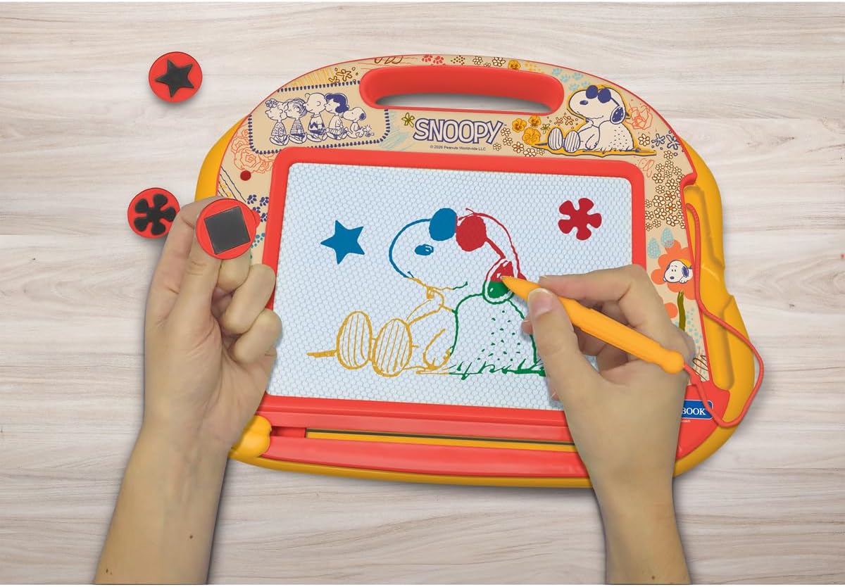 Lexibook, Peanuts, Magnetic Multicolor Drawing Board with Accessories A5 Format, Snoopy Design, Magnetic Pen, 3 Stamps, Eraser Slider, Kids Creative Toy, Orange, CRPN550