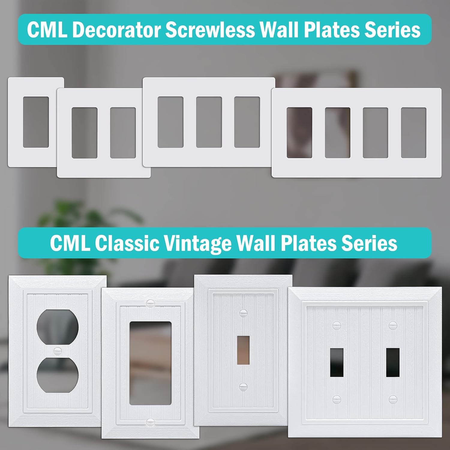 CML Decorator Screwless Wall Plate, 1-4 Gang Switch Outlet Cover, Hidden Screw Smooth Face Switch Plates, Impact Resistant, Gloss White