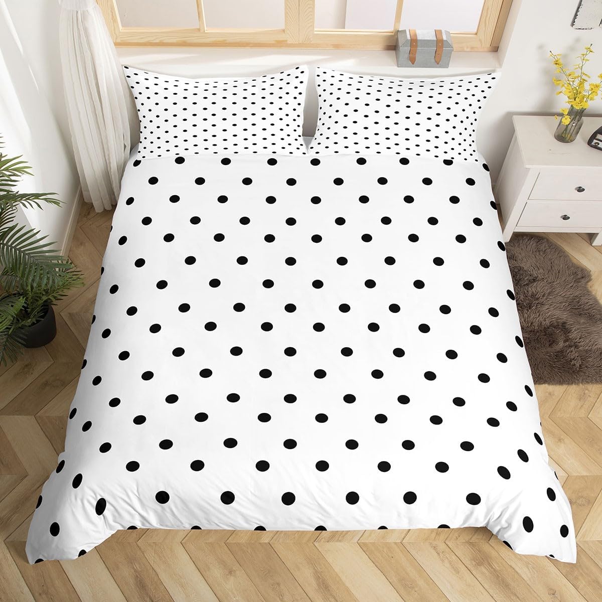 jejeloiu Polka Dots Duvet Cover Queen Size Boys Girls Black Geometric Circles Bedding Set Breathable Soft Simple Modern Comforter Cover 3Pcs Cartoon French Style Bedroom DecorWhite Black