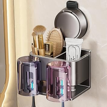 Suction Cup Toothbrush Holders for Bathroom,Wall Mounted Toothbrush Holder Set with 2 Cups & 2 Storage Compartments,Bathroom Vanity Organizer for Toothpaste, Razor, Comb,Room Accessories Decor