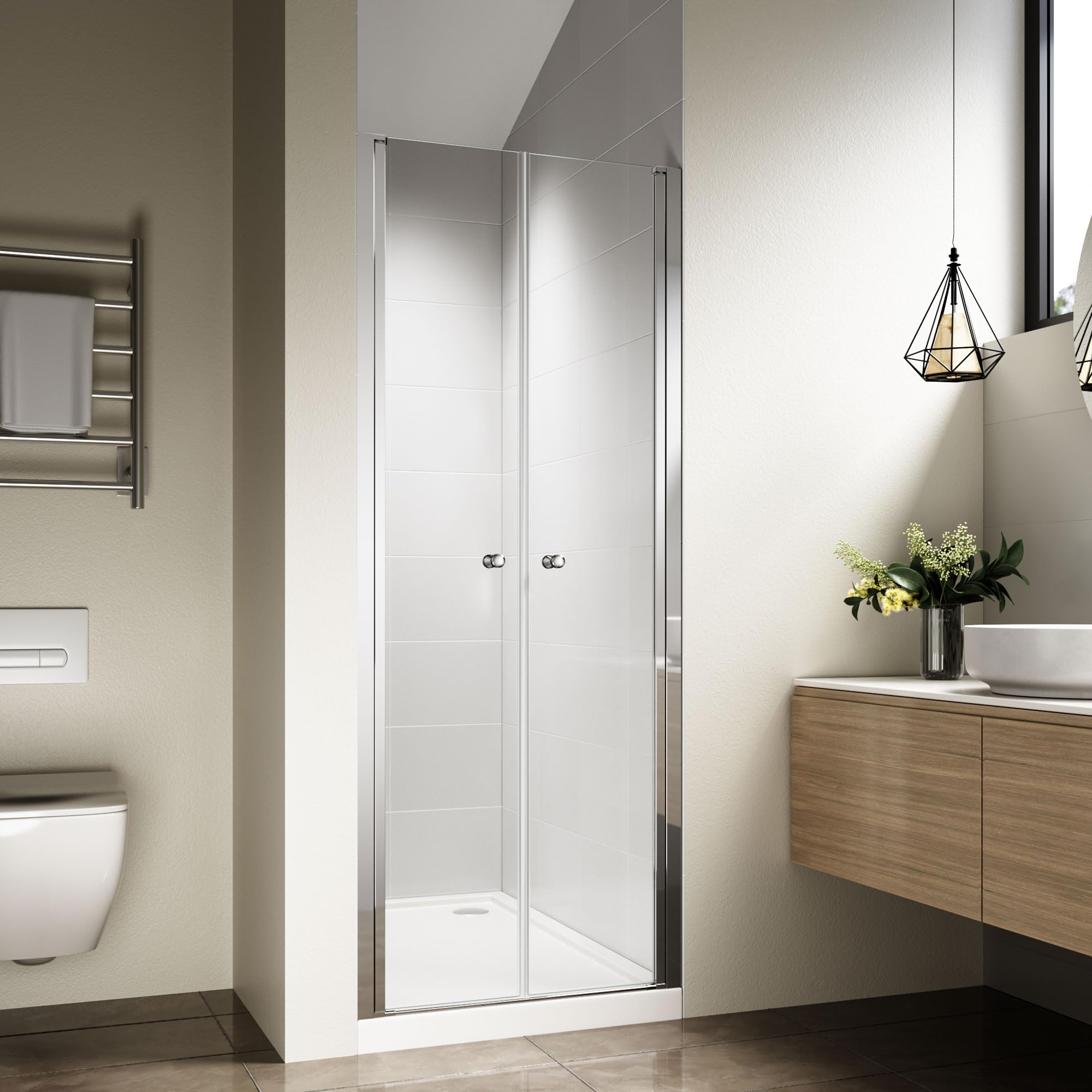 Duschkabine 76x185 cm, Pendeltür 75–80 cm, Duschtür Nische, Duschabtrennung aus 6 mm ESG Sicherheitsglas, Nano-Beschichtung, Schwingtür, Nischentür Dusche, Chrom