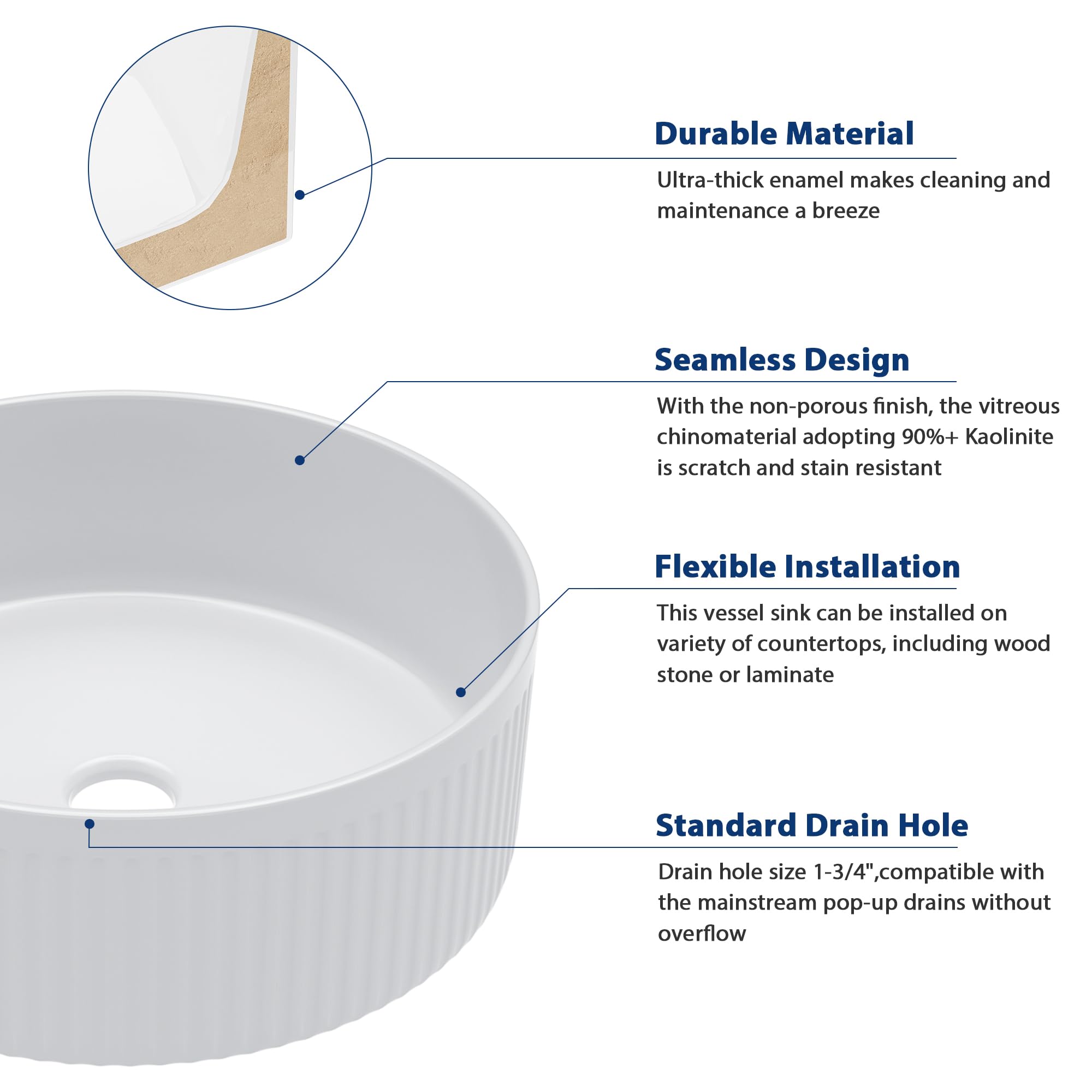 Round Ceramic Vessel Sink – 15.7 Inch Countertop Porcelain Art Basin For Home Bathroom Or Balcony (Grey)