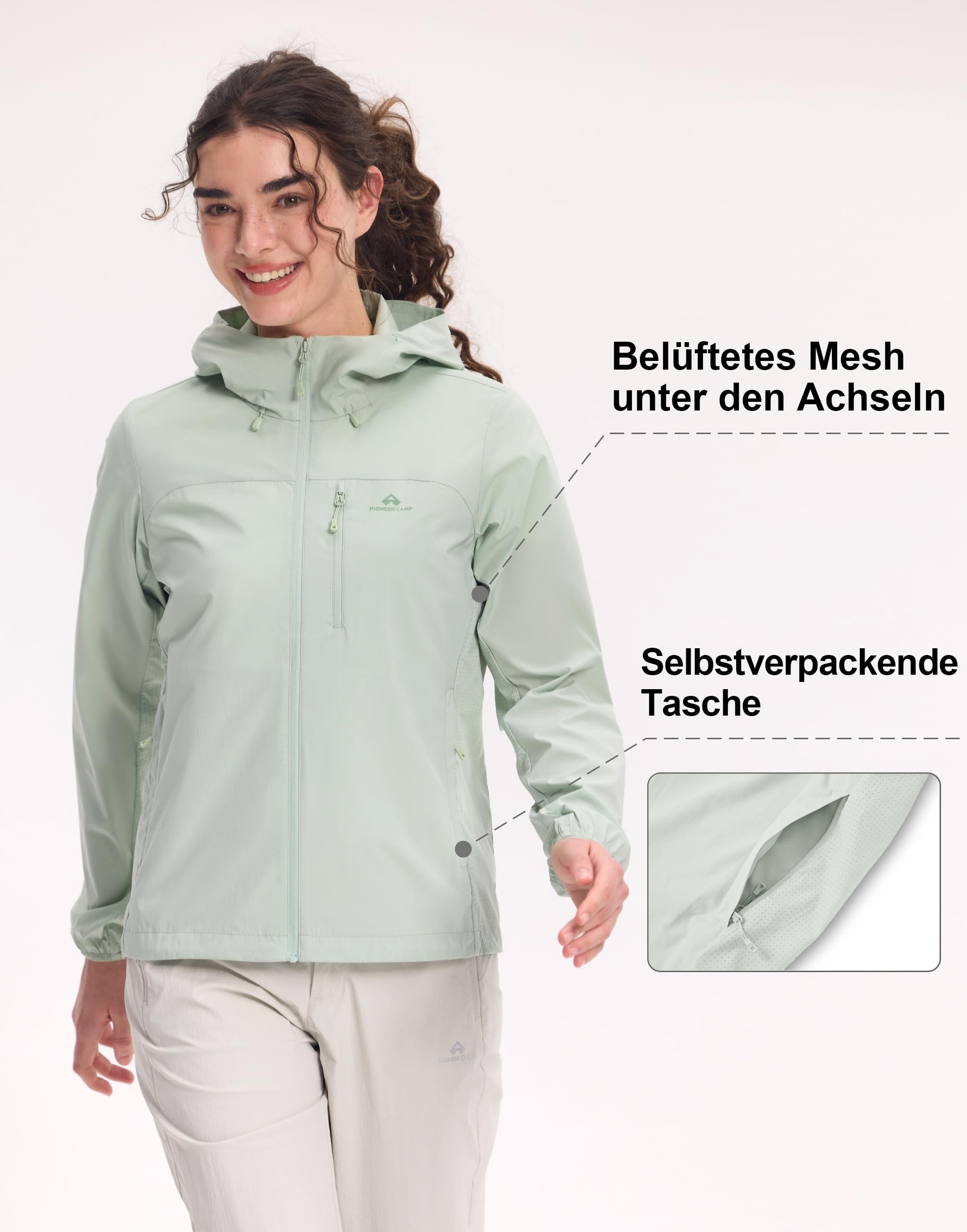 Pioneer Camp Windbreaker Veste de course pour femme, légère, imperméable, respirante, protection solaire UPF 100+, imperméable, robuste, pour les voyages, la course, la randonnée