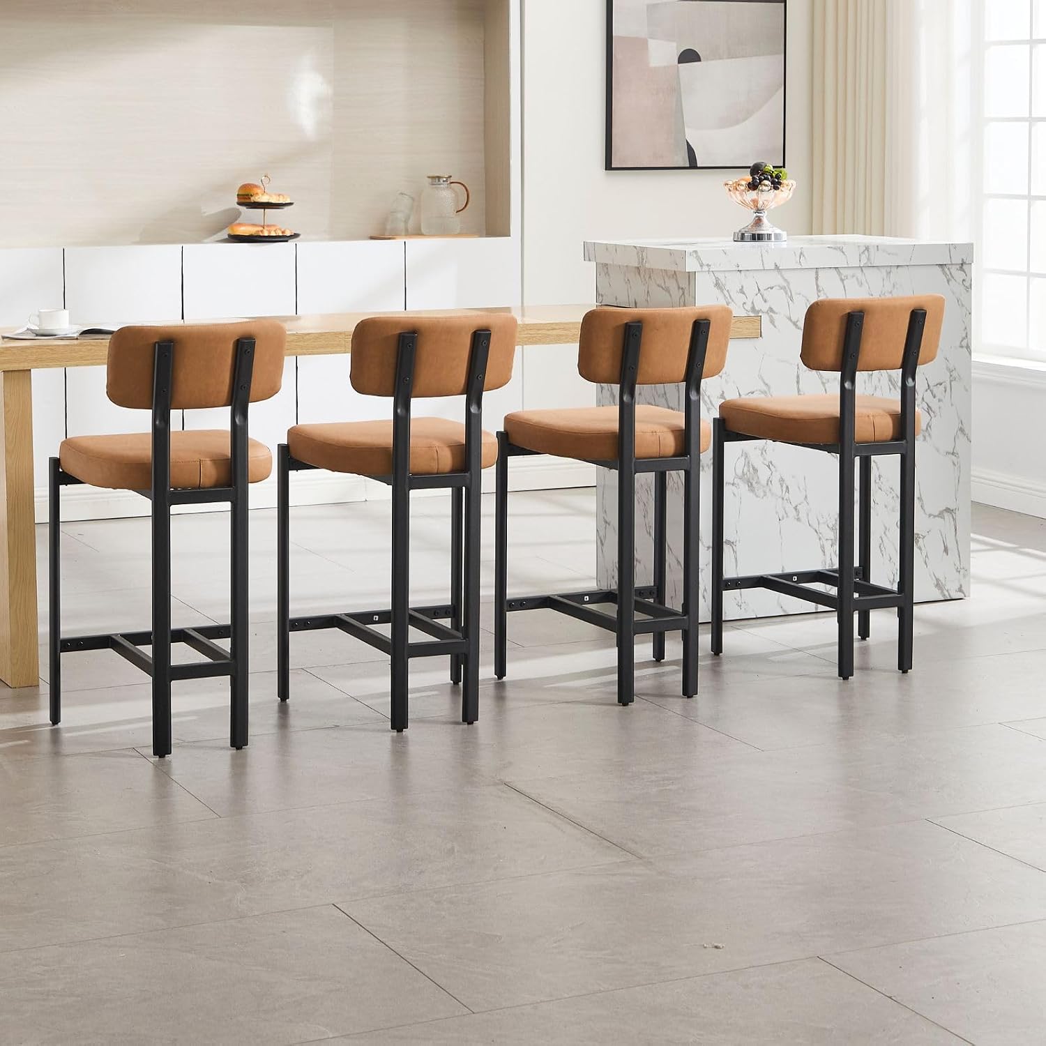 LukeAlon PU Leather Counter Stools Set of 2, Modern Upholstered 26" Seat Height Barstools with Metal Legs Curved Back Kitchen Island Stools for Home Bar, Brown