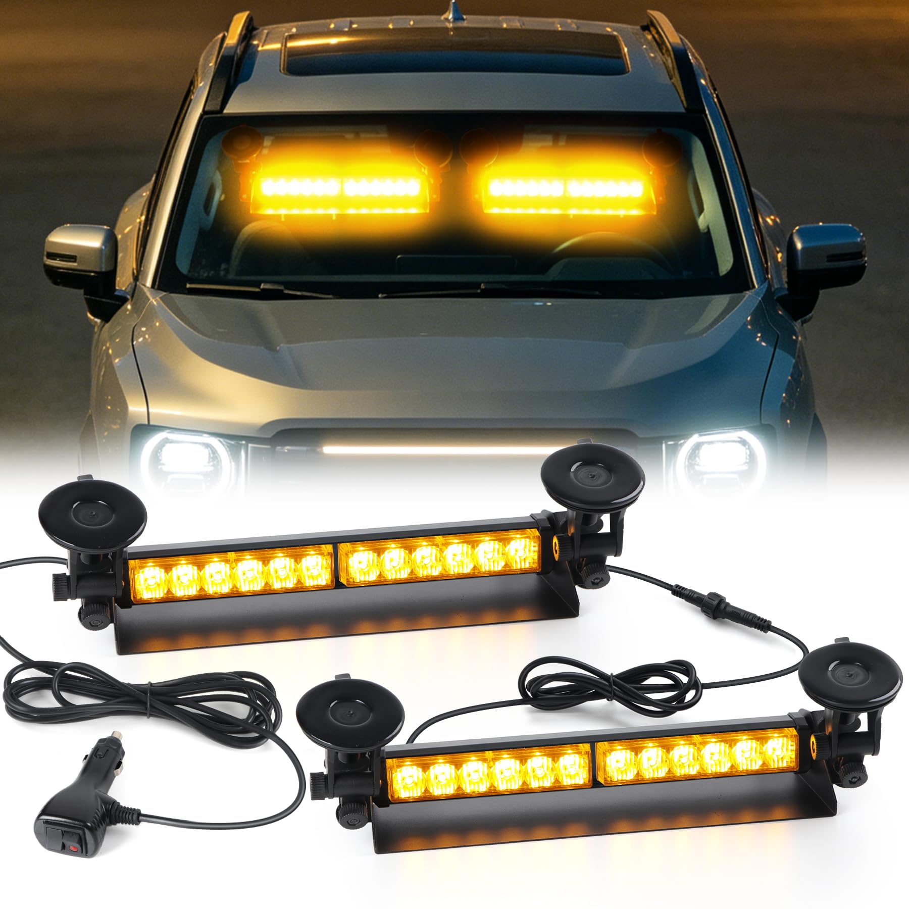 16 Zoll LED-Notwarnlicht Warnleuchte - Gelbes Stärke Blinklicht - LED Stroboskop-Lichtleiste Bernstein Gelb für Auto & LKW - 24 LEDs, 9 Blinkmodi, 4 Saugnäpfe (Orange)