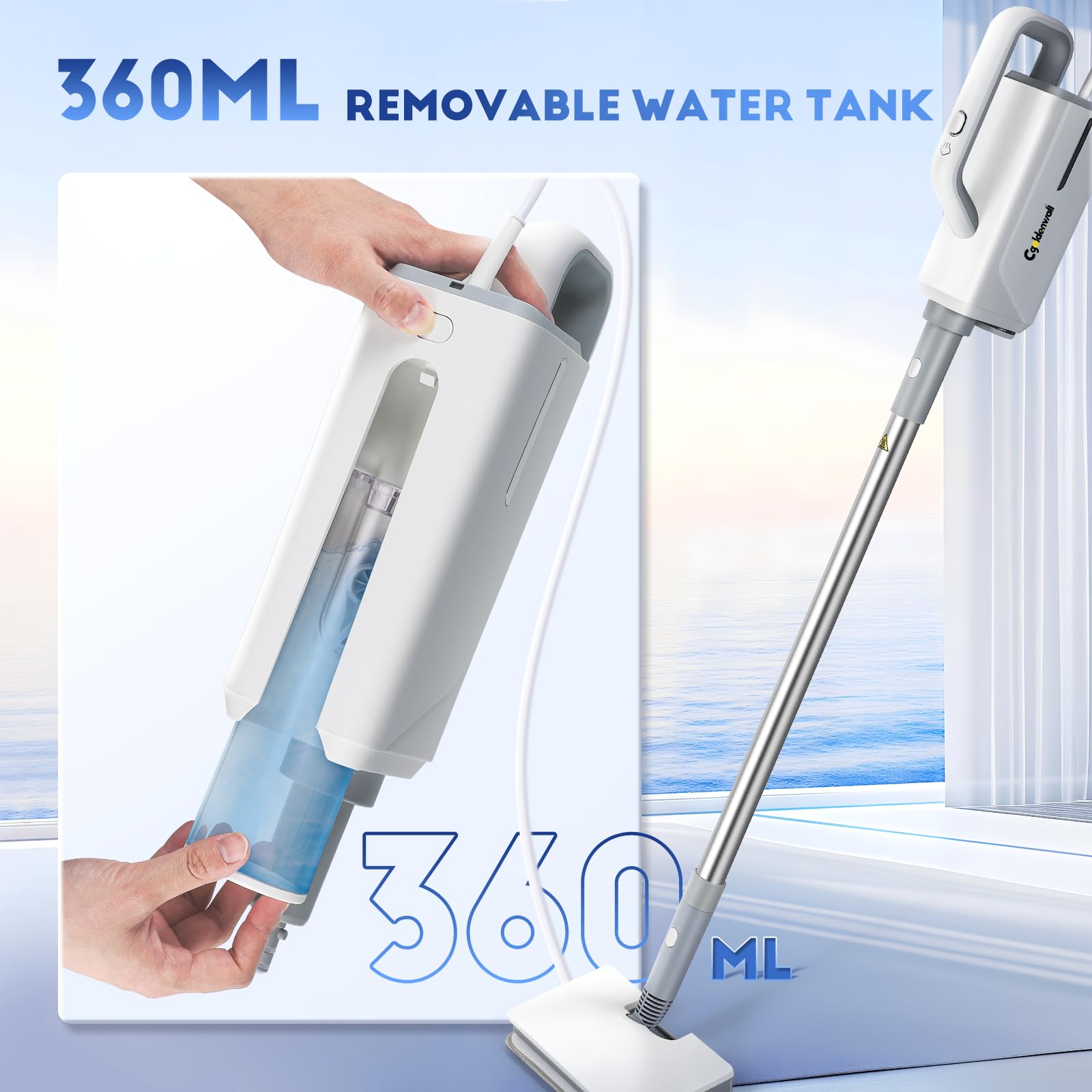 CGOLDENEWALL Mopa a Vapor Multifunción, Depósito de Agua de 360ml, con 12 Accesorios de Limpieza, Cable de 3m, 2 Ajustes de Vapor, para Suelos Laminados Duros, Cocinas, Ventanas