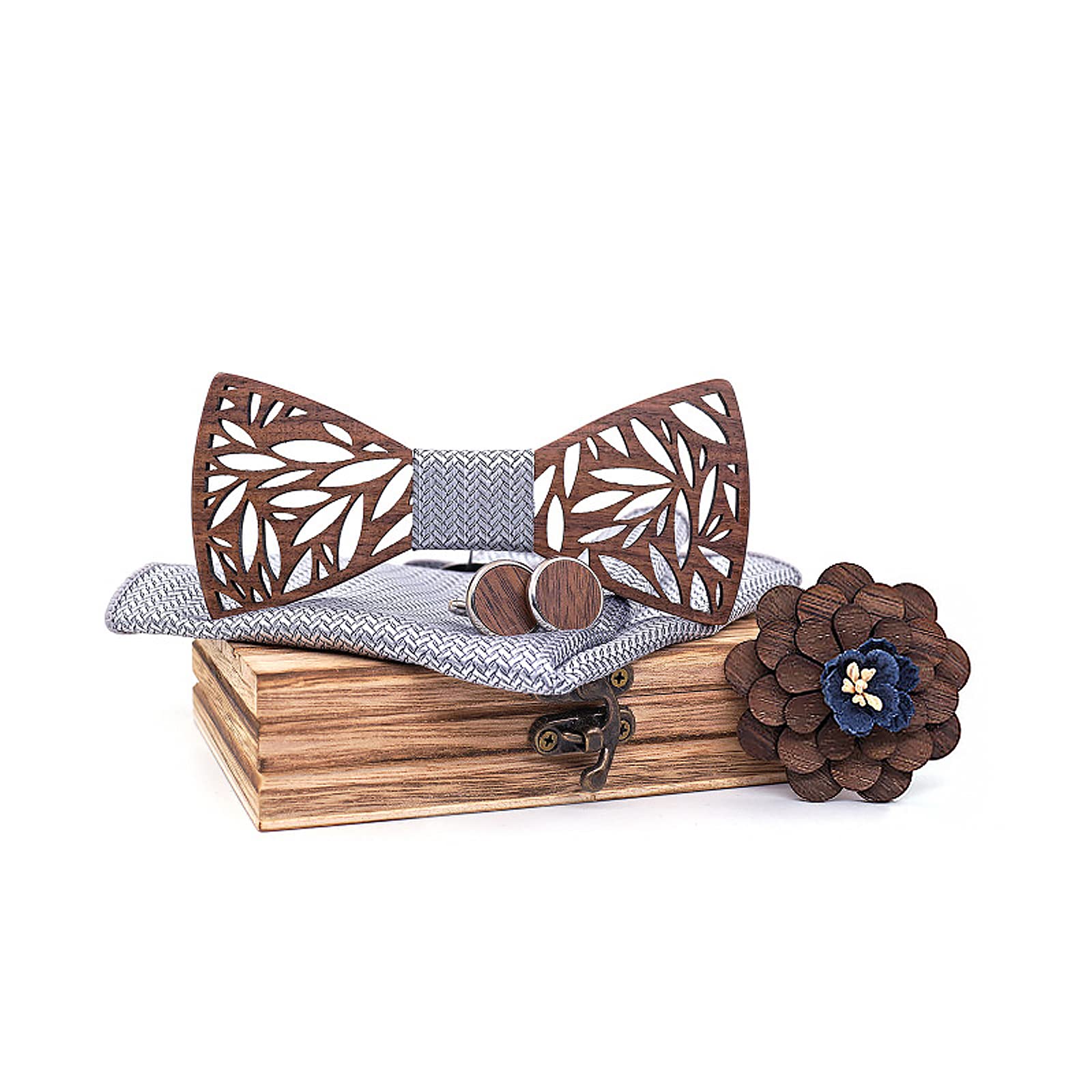 Mr.Van Pajarita de Madera Hecha a Mano, Tamaño Ajustable, Estilo Clásico, Caja de Madera (incluye Gemelos,Broche, Pañuelo y Pajarita) para bodas y negocios