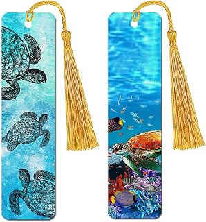 WIRESTER Set of 2 Metal Bookmarks with Light Gold Tassel for Students, Reader, Teachers, Book Lovers - Ocean Sea Turtle, Full Tropical Sea Coral