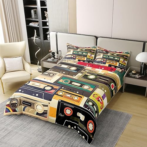 Miniatura 2 de jejeloiu Funda de edredón con estampado de radio Boombox, 100% algodón, para niños y niñas, tamaño matrimonial, juego de ropa de cama retro con