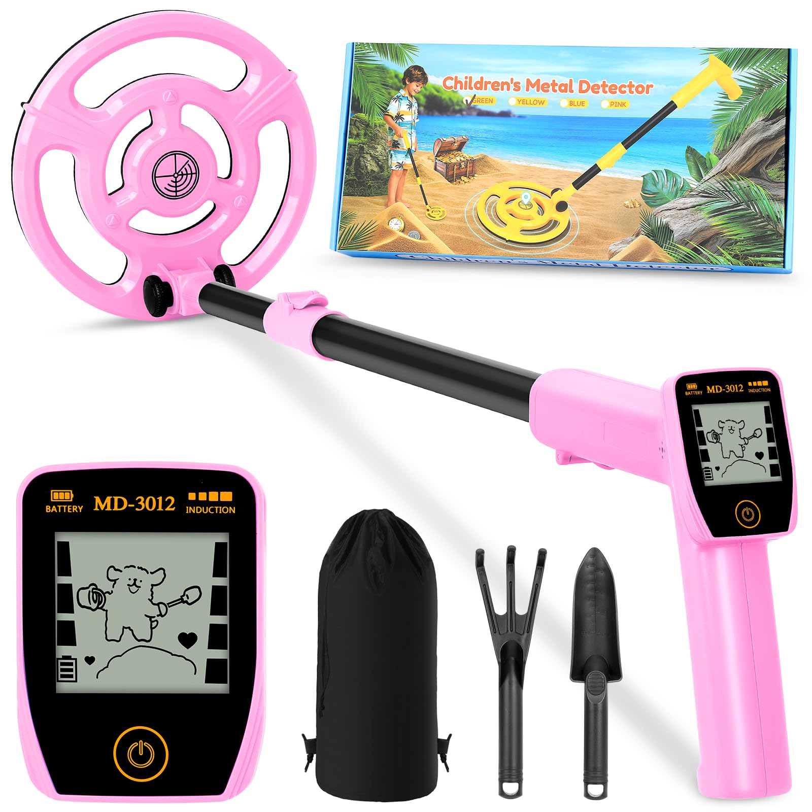 Metalldetektor Kinder USB-wiederaufladbar, Metalldetektor für Kinder, 7,36" wasserdichte Suchspule, 61-89cm Verstellbarer Griff mit LCD-Display, Strandschatzsuche Outdoor-Spielzeug für 8-12 (Rosa)