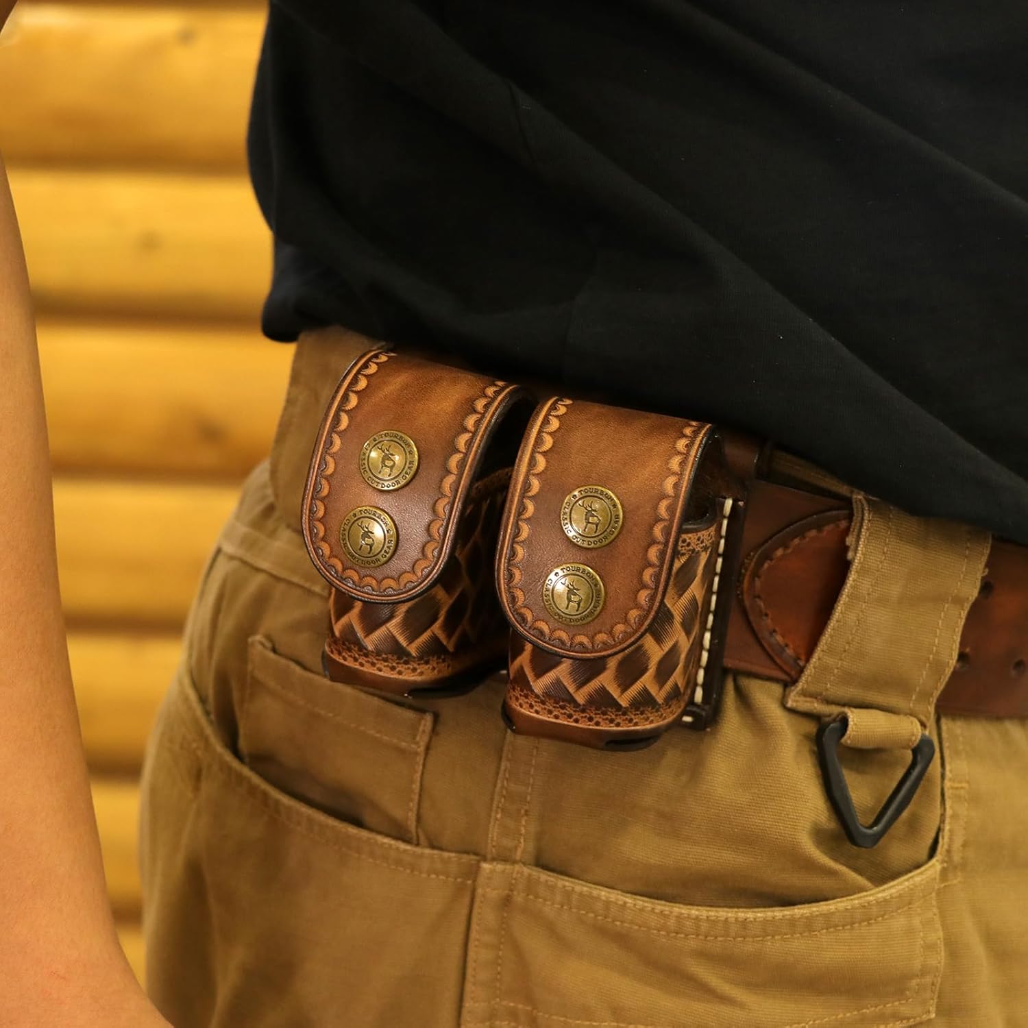 TOURBON Leather Double Speedloader Pouch Belt Carrier Speedloader Holder Case for .38 .357 .44 .45