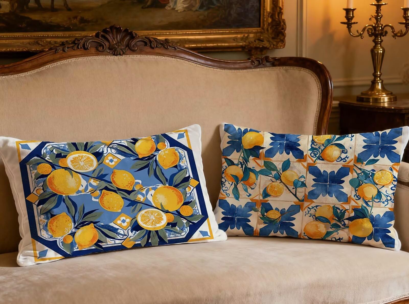 Housse de Coussin Bleu Marine Velours 40x70 cm Lot de 2 Citron Motif Rectangulaire pour Canapé