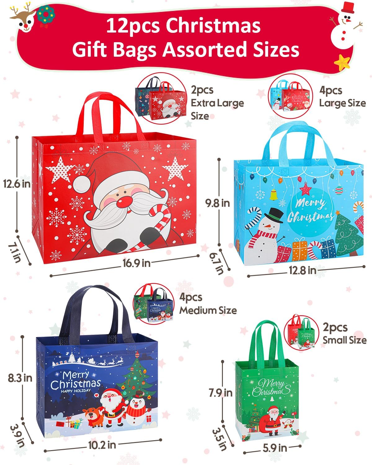 Christmas Gift Bags Assorted Sizes, Extra Large/Medium/Small 12PC Christmas Tote Bags with Handles, Heavy Duty Non-Woven Christmas Shopping Bags, Party Favor Bags, Large Holiday Bags for Presents Bulk