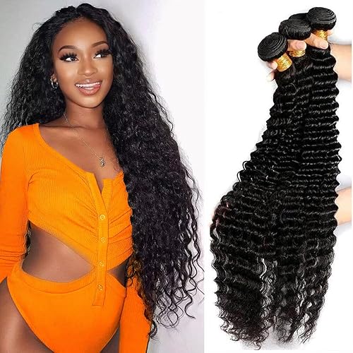Miniatura 1 de Extensiones de cabello humano ondulado profundo, 3 paquetes de ondas de agua rizadas brasileñas (18, 20, 22 pulgadas), cabello 100% sin procesar