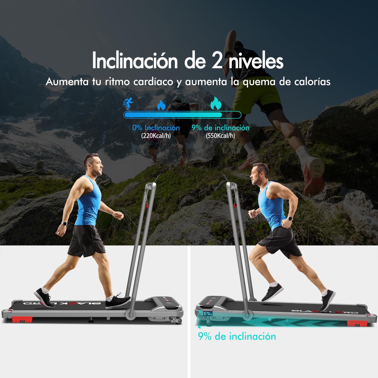 BLACK LORD Cinta de Correr, Walking Pad con/sin inclinación del 9%, Superficie de Carrera,9/12/16km/h, para Debajo del Escritorio, Pantalla LED, portátil,silenciosa,Capacidad de Peso de 120/130/140kg