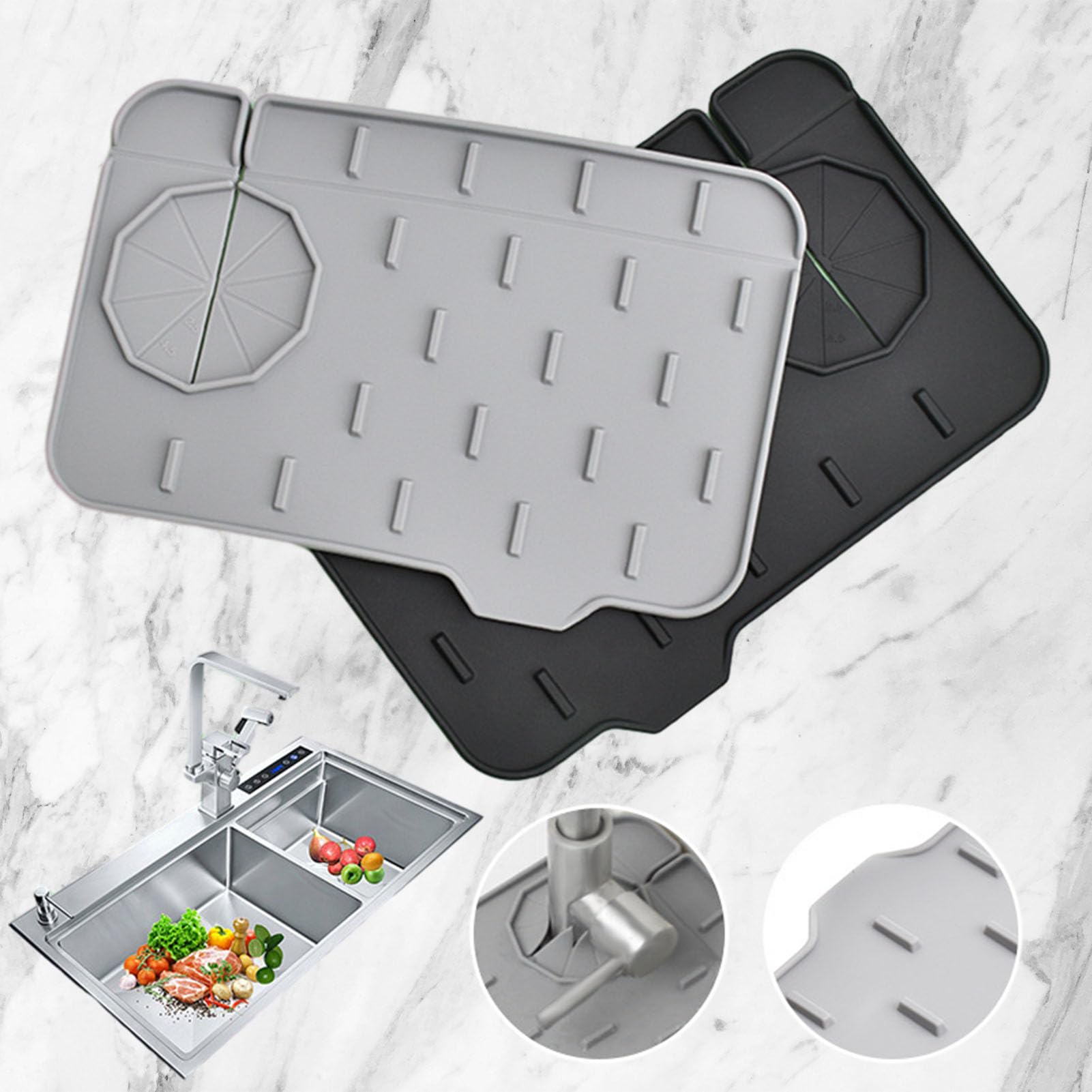 Xiruiubao Tapis Robinet Silicone 42x10cm Gris - Plateau Anti-Gouttes Patchwork Pour Cuisine Et Salle De Bain, Protège Plan De Travail