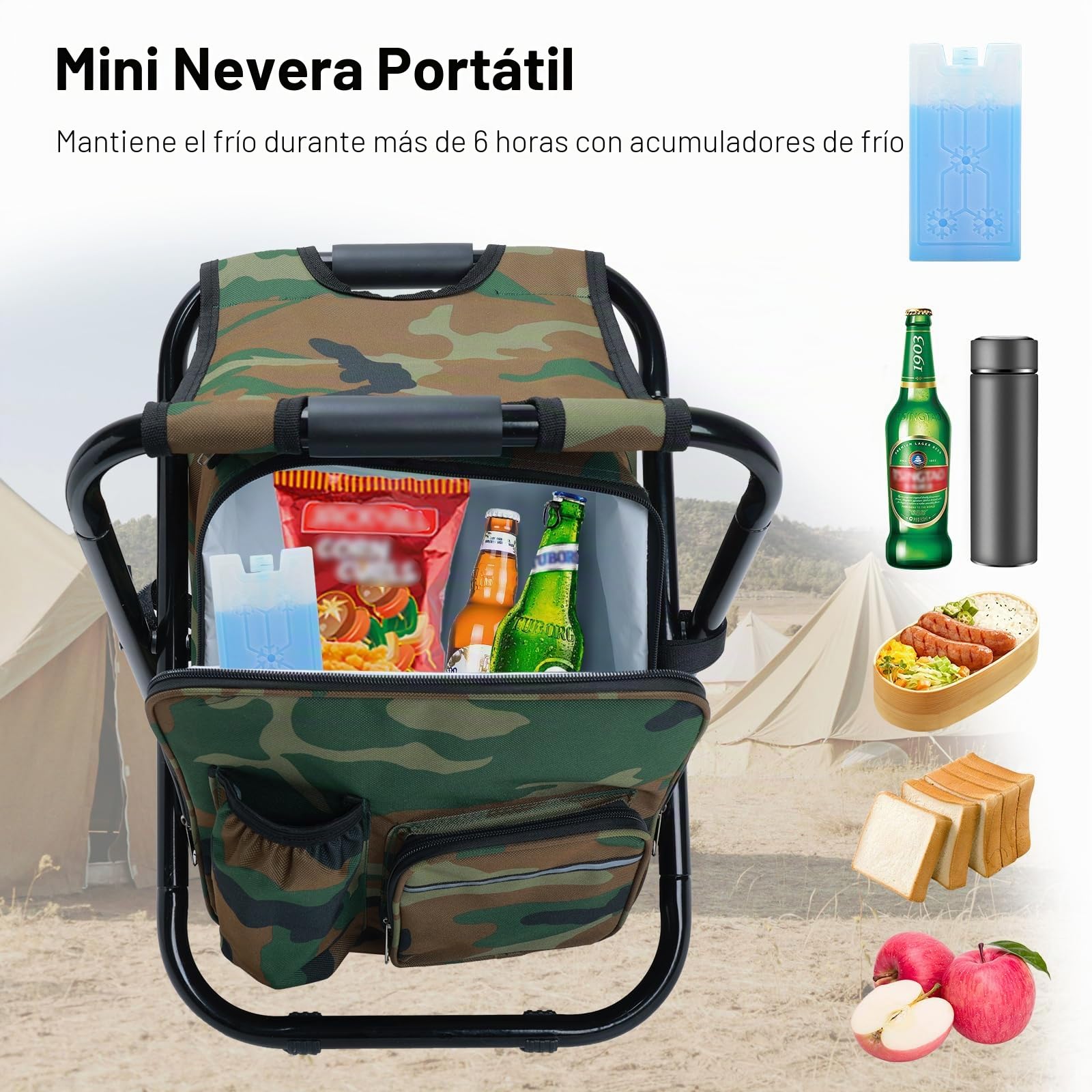 Taburete mochila nevera plegable y ligero, resistente hasta 159 kg para camping, silla de pesca portátil desmontable con mochila nevera, camuflaje