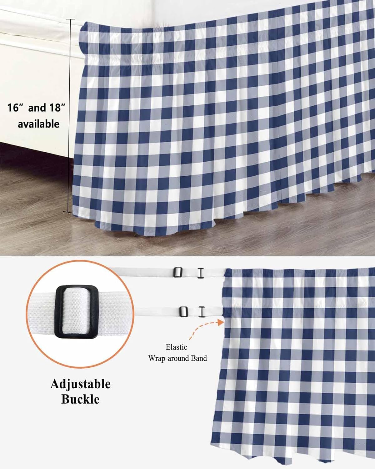 Bed Skirt Navy Plaid Bed Skirt 16 Inch Drop Buffalo Check Geometric Checker Pattern Elastic Wrap Around Bed Skirt Dust Ruffle for Queen Size Bed