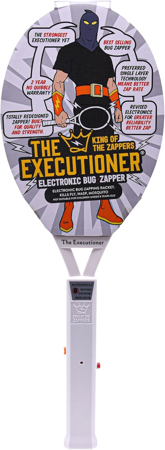 The Executioner Fly Zapper Mosquito, Wasp, Bug, Insect Killer Swatter Electric Fly Zapper Racket Single Layer for Efficient Zapping Indoor Outdoor (White)