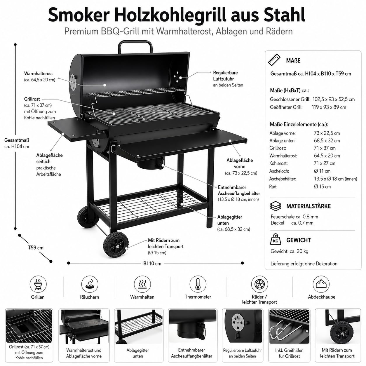 Profi Smoker Grill Holzkohle Grillwagen XL 103x110x59 cm, schwarzer BBQ Standgrill aus Stahl mit Deckel, Grillrost, Warmhalterost, Aschebehälter, Ablagen, Luftregulierung & Rädern für Garten Party