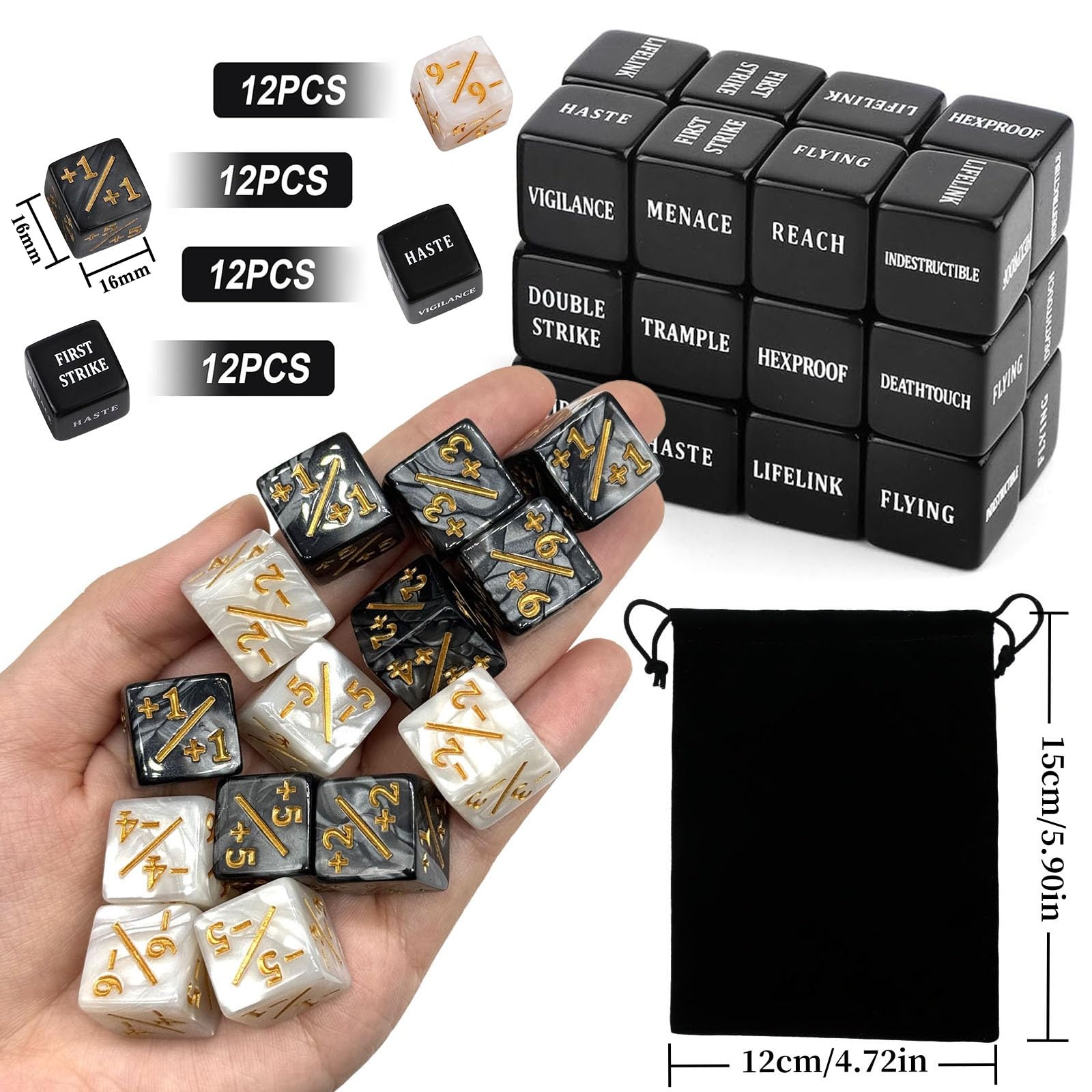 48uds MTG Dados Contadores, Dado de Contador de Palabras Clave, con Bolsa de Terciopelo, dados de Lealtad, MTG Vida contador 1/+1, Criatura Stats Buff Tokens Cubo, Accesorios Juegos Cartas