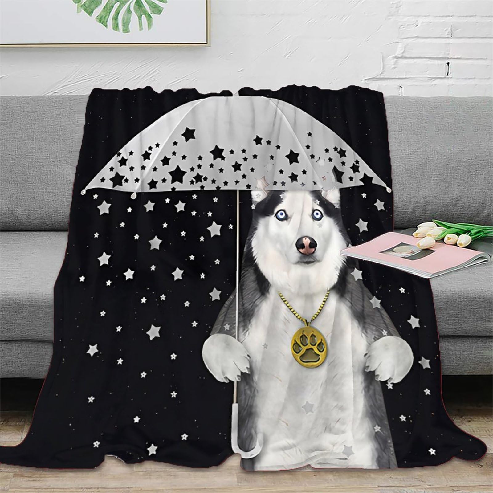Couverture microfibre chien avec parapluie 150x200cm plaid lit
