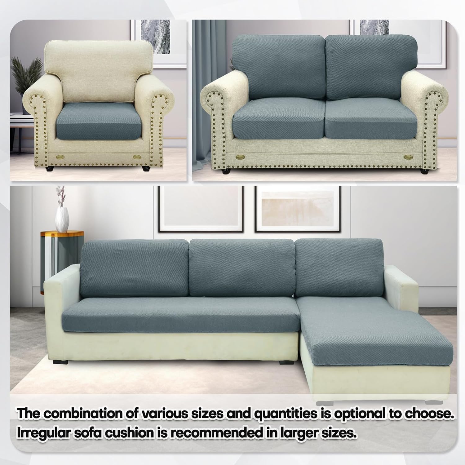 ZNSAYOTX Stretch Individual Cushion Covers Sofa Loveseat Cushion Couch Covers Slipcovers Soft Replacement New Pattern Furniture Protector with Elastic Bottom (Light Gray, 2 Pcs XL Cushion Covers)