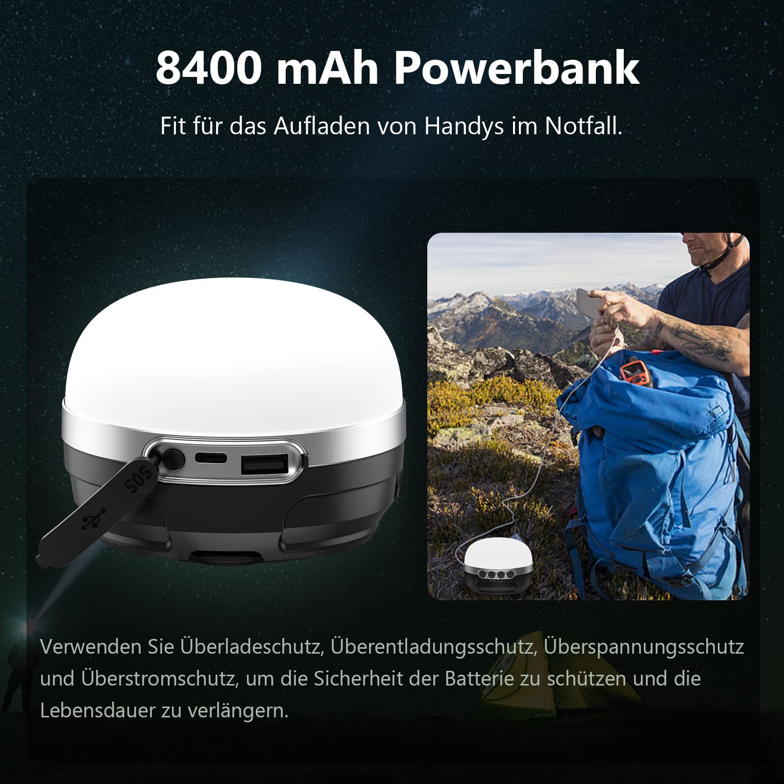 Lampada da campeggio a LED RGB che cambia colore, 8400 mAh, con ricarica USB C, 5 modalità di illuminazione, regolazione continua, impermeabile e forte magnete, per escursioni, interruzioni di