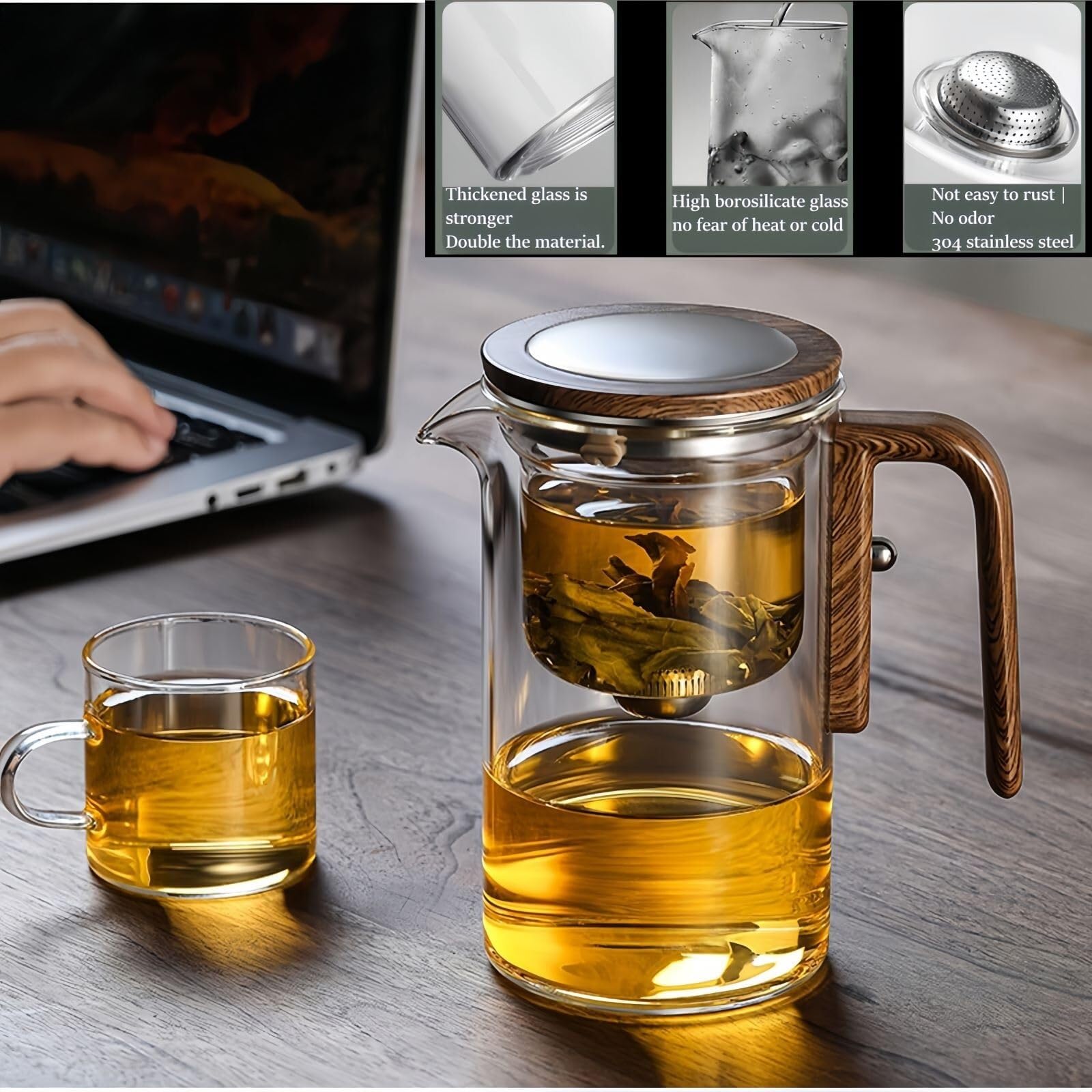 Glas-Teekanne Mit Holzgriff Und Trennsteg, Glas-Teekanne Mit Sieb, Druckkontrolle, Klare Glas-Teekanne For Blumen- Und Loseblatt-Tees(500ml)