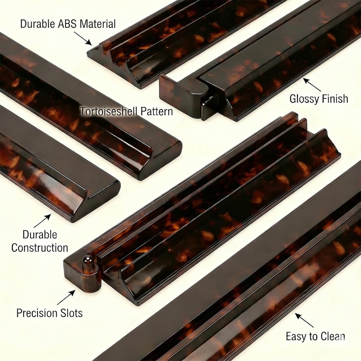 Tortoise Shell Mahjong Racks with Pushers Set of 4, Impact-Resistant ABS Mahjong Tile Holder and Mahjong Pushers, Scalloped Mahjong Racks with Pushers for Standard Tabletop Game Mahjong Tile Set