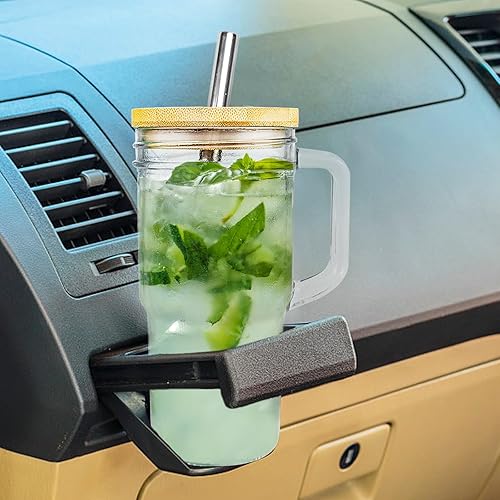 Miniatura 5 de AiHeart Vaso de vidrio de 24 onzas con asa, 4 tazas de vidrio con tapas de bambú, popotes y posavasos de silicona, vasos para beber, tarro Mason de