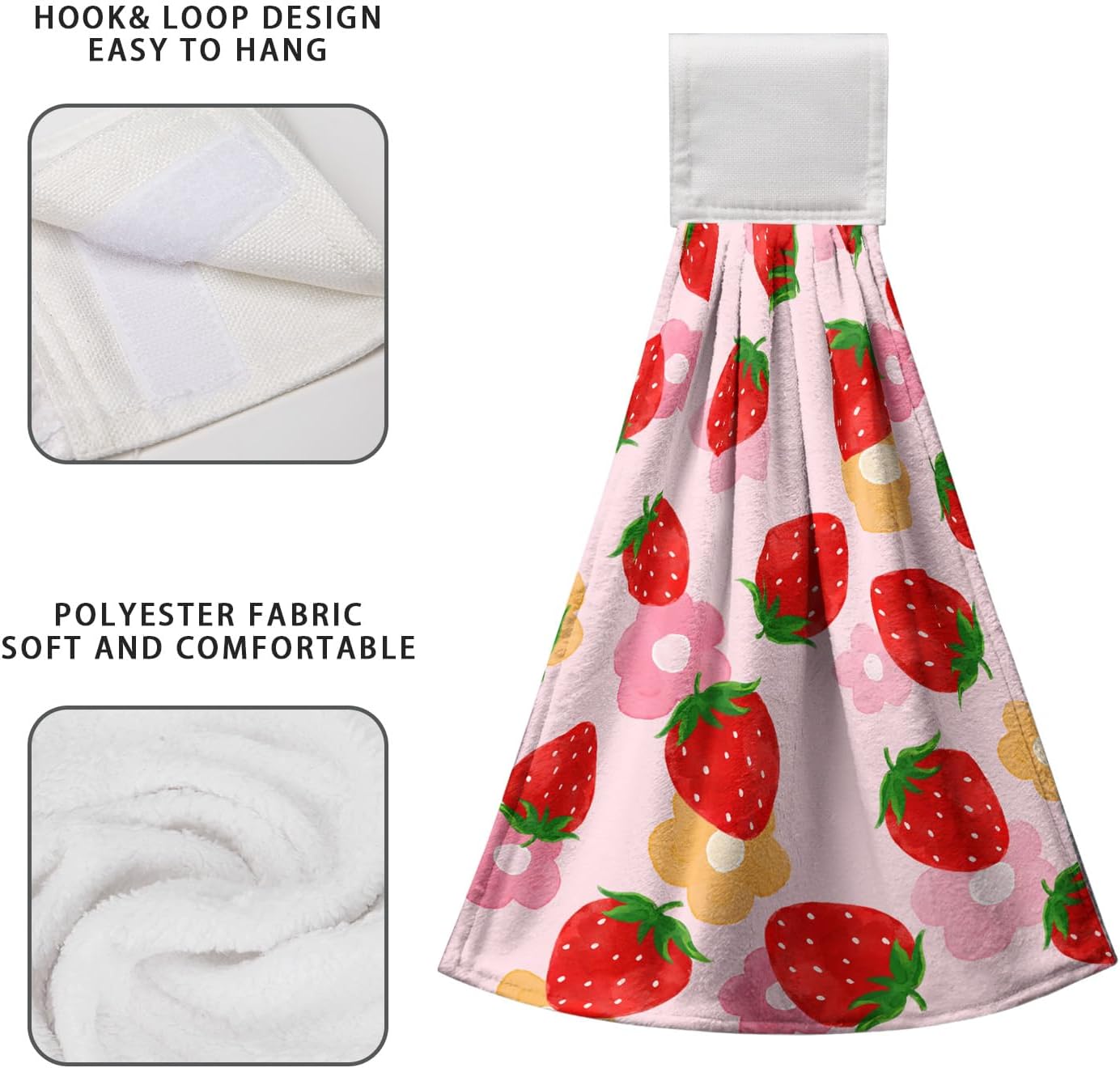 Strawberry Hand Tie Towel Pink Red Fruit Hanging Kitchen Towel with Loop Summer Strawberry Haning Dish Towels Soft Absorbent for Kitchen Bathroom Aceesories Decor Set of 2 - Image 4