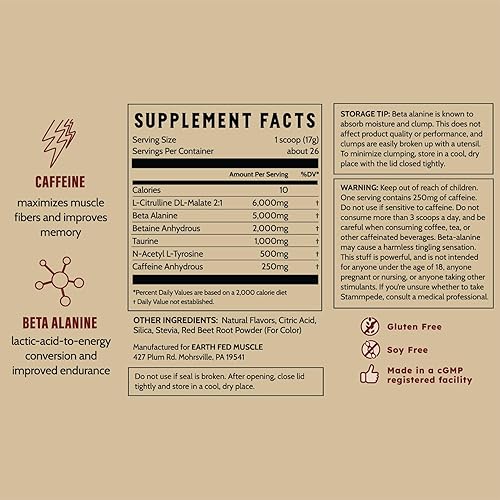 Miniatura 7 de Earth Fed Muscle Stammpede DragoFruit Punch Pre entrenamiento, 30 porciones, aumenta la energía, aumenta la resistencia y el enfoque, beta-alanina,