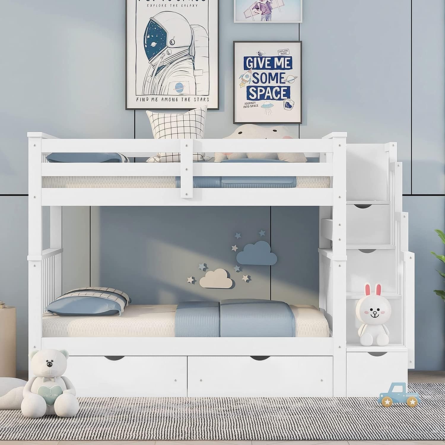 Harper & Bright Designs Full Over Full Bunk Bed with Staircase, Solid Wood Bunk Bed with Storage Drawers & Shelves, Detachable Bunk Beds for Kids, White