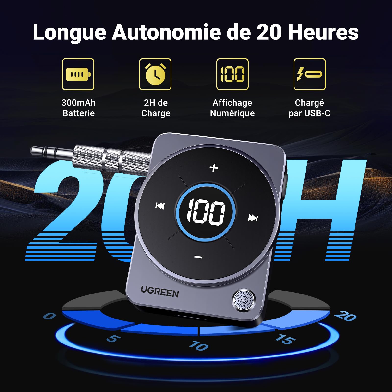 UGREEN Récepteur Bluetooth 5.4 Jack Voiture Adaptateur Bluetooth Jack Aux | avec Micro Intégré Appel Mains Libres 20H d'Autonomie pour Enceinte Haut-Parleurs Casque Filaire Autoradio, Câble 3.5mm Inclu