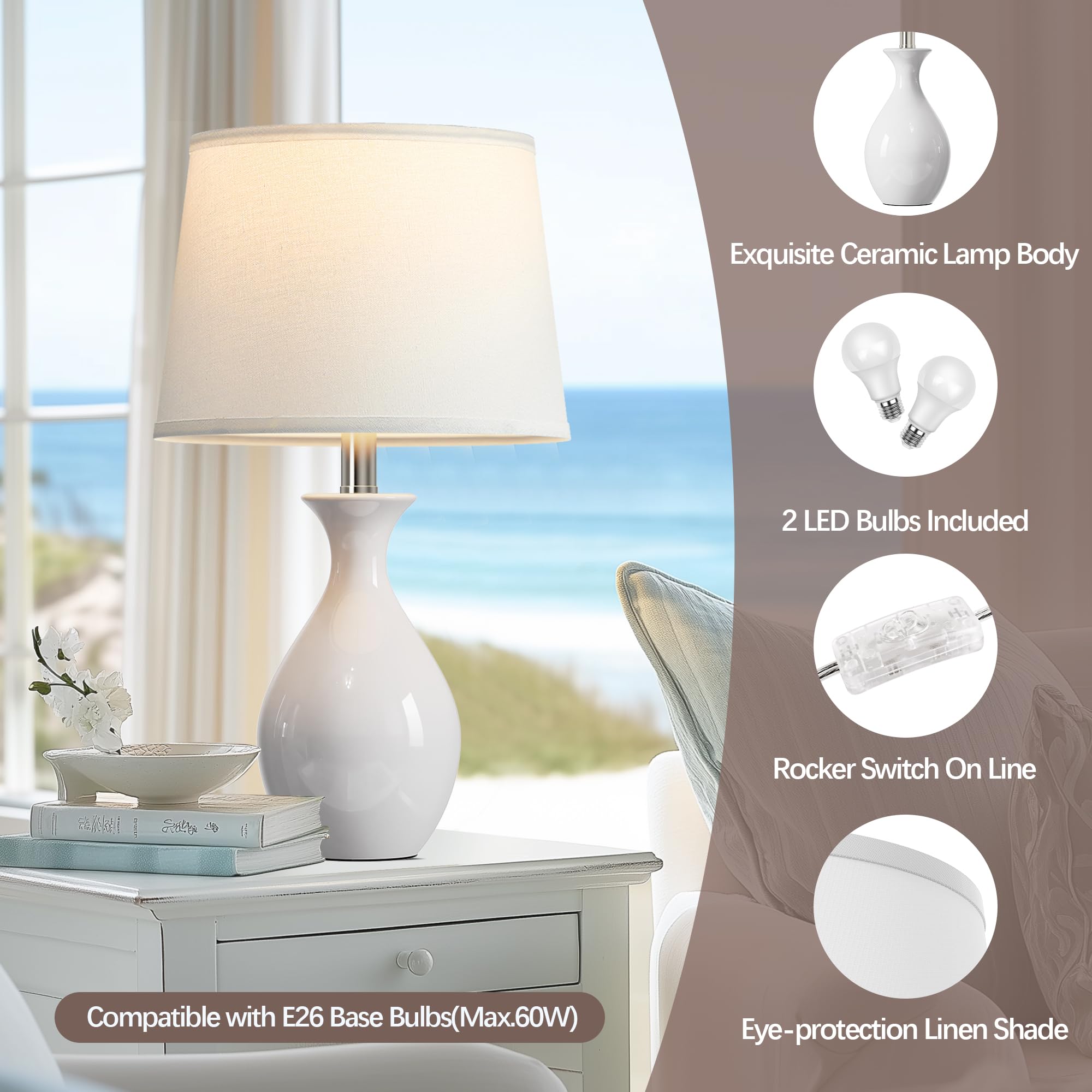 PARTPHONER Tischlampe 2er Set, Moderne Keramik Nachttischlampen für Nachttische, Klassische Kleine Lampe Nachttischlampe für Schlafzimmer Wohnzimmer Schreibtisch Beistelltisch Wippe Swtich Weiß