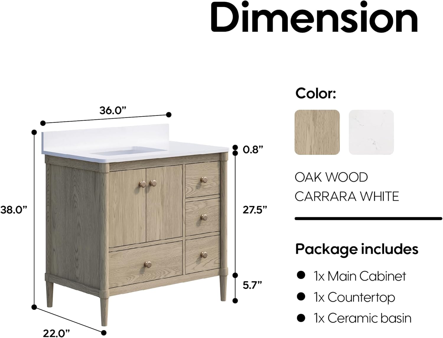 WELLFOR 36" Bathroom Vanity with Sink Combo Set W/ 2 Doors and 4 Drawers, Freestanding Solid Wood Barhroom Sink Vanity, Carrera White Marble Countertop, Bathroom Vanity Storage Organizer, Oak Wood