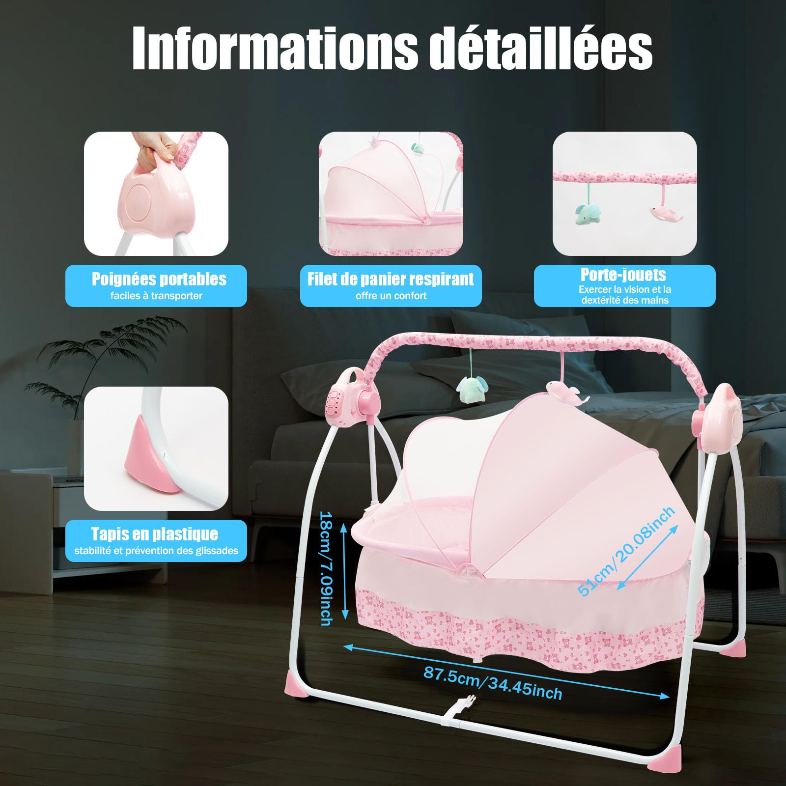 Berceau électrique pour bébé, lit Bebe indépendant, 0-25 kg, 100 * 75 * 86cm, transat Automatique avec Bluetooth, 5 réglages de Balancement, Berceau Pliable et Portable, Rose