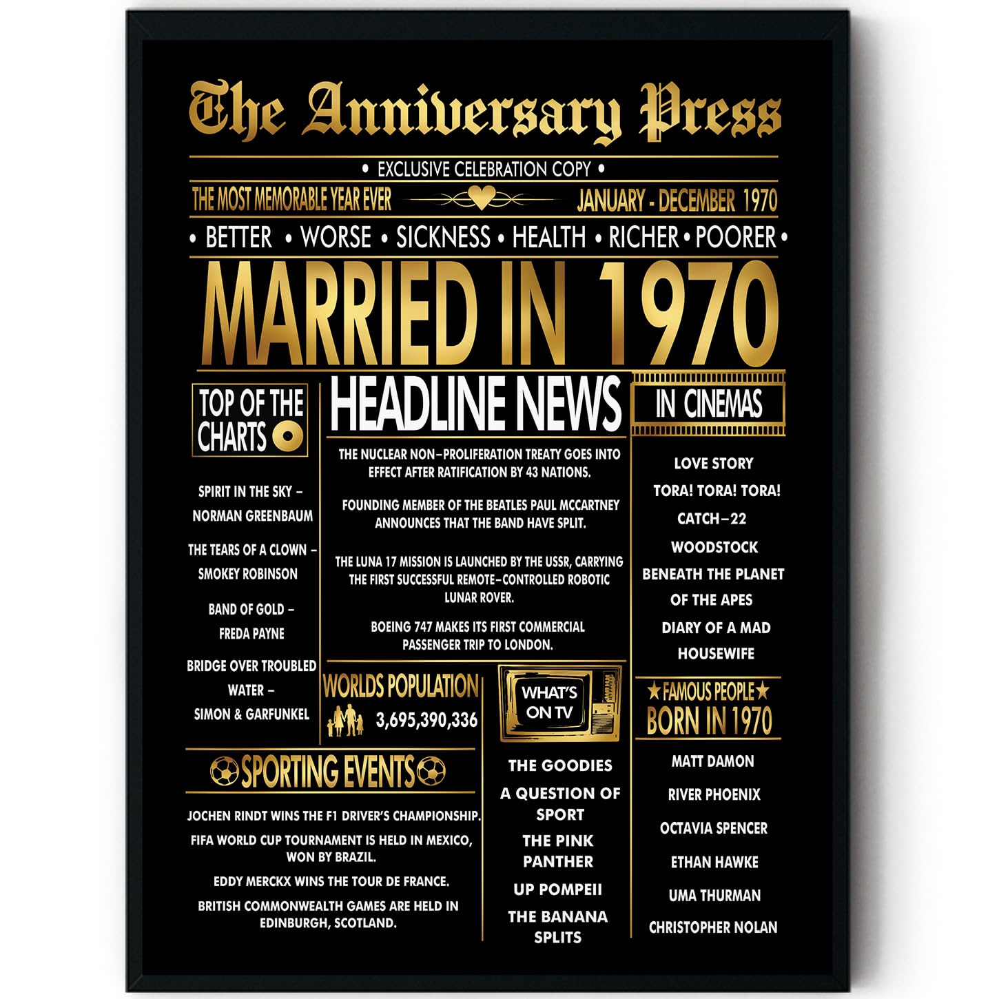 Stuff4 Men's 1970 Gold 56Th Anniversary Poster Framed - Golden Married In Newspaper - 56 Anniversary For Wo Retro Vintage Gifts Back In 8X10 Inch Bday Party Decor Decoration