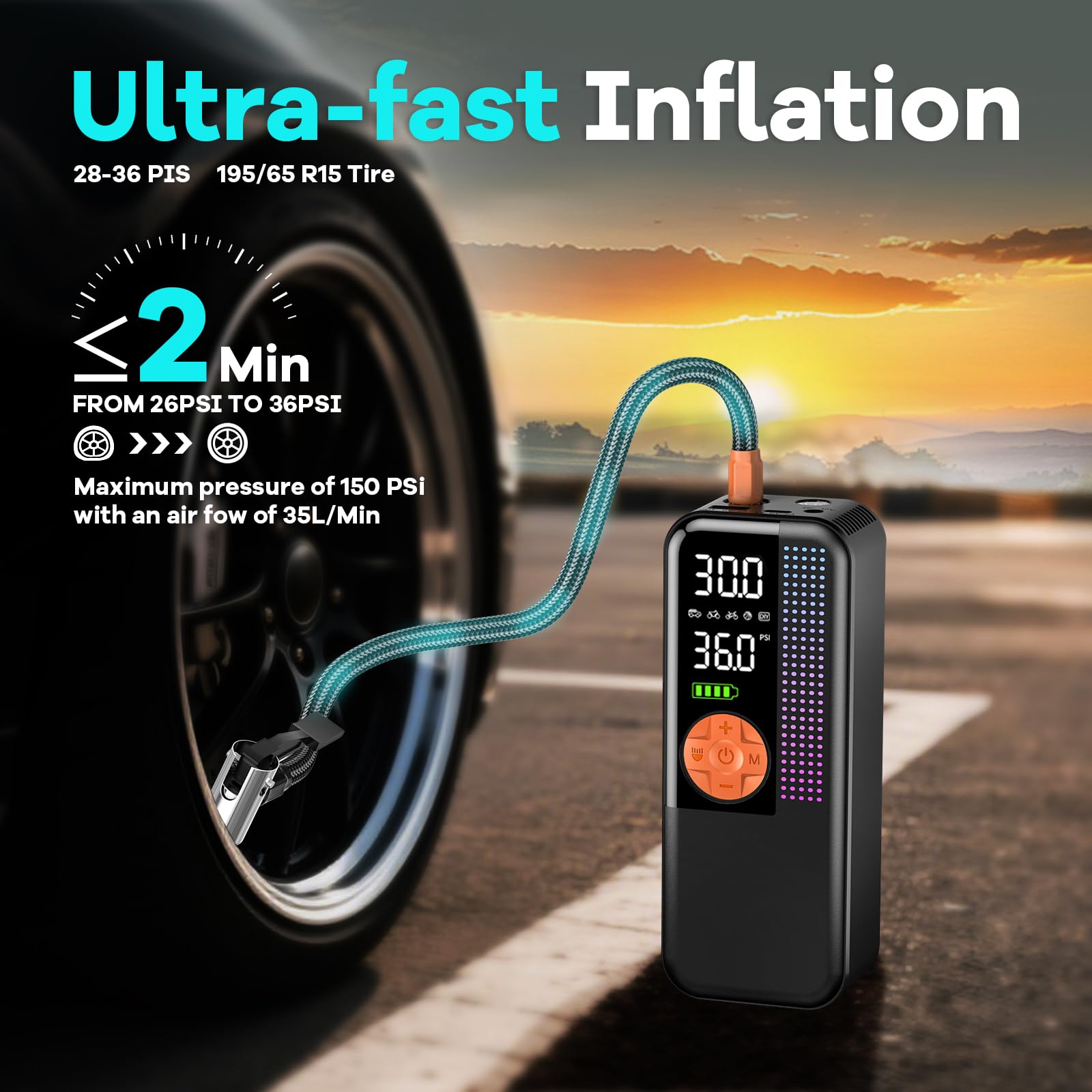 Portable Tire Inflator Air Compressor 150 PSI Cordless Air Pump 6000mAh Battery 12V Car Outlet Digital Pressure Gauge — view 3