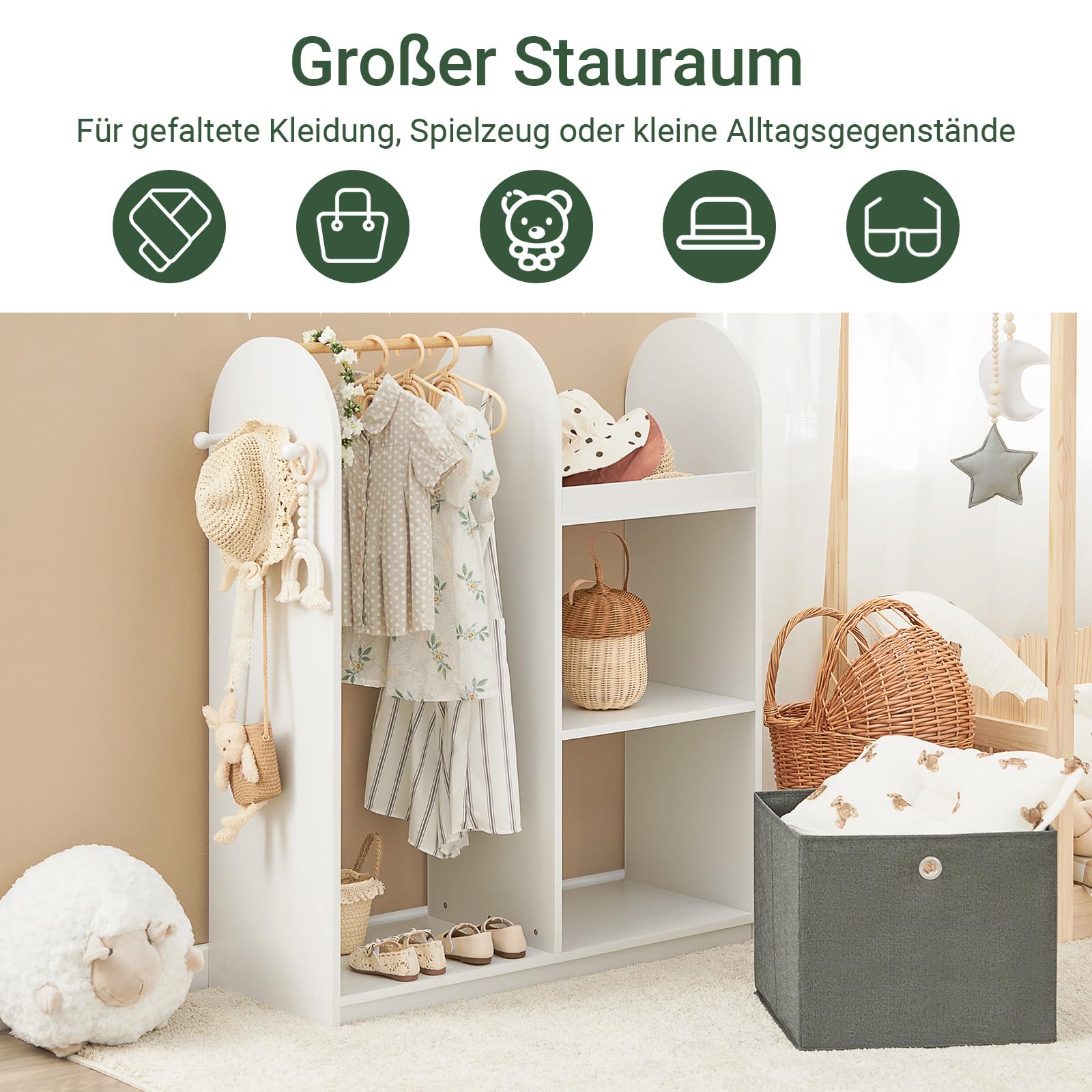 SoBuy Kinderkleiderschrank mit 3 Haken Kindergarderobe Kleiderschrank Kinderzimmer Kinder Kleiderschränke mit Boxen Kleiderständer Kinder Regal Kinderzimmer Weiß 97x108x35cm KMB40-W