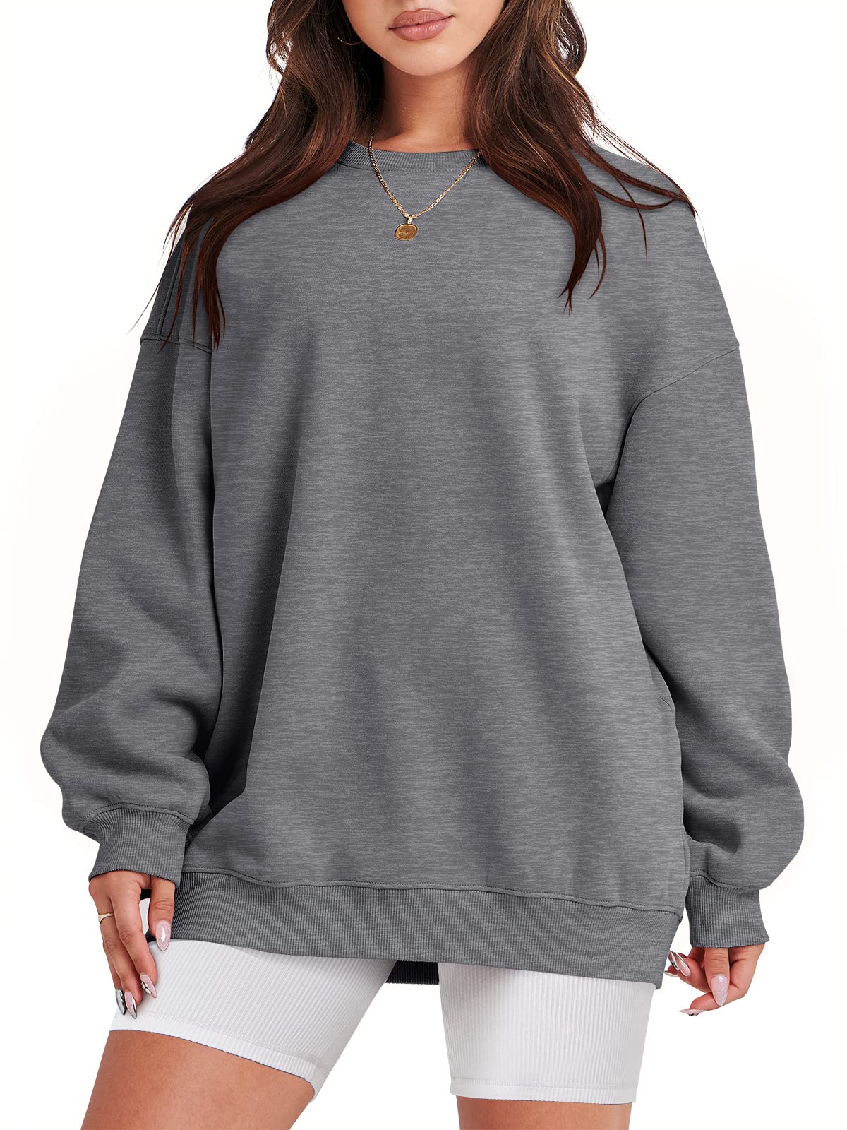 Damskie bluzy oversize bluzy z kapturem polar okrągły dekolt sweter top codzienne jesienne stroje preppy ubrania nastolatki 2024 A1019 światło, Jeden kolor, Gray_S