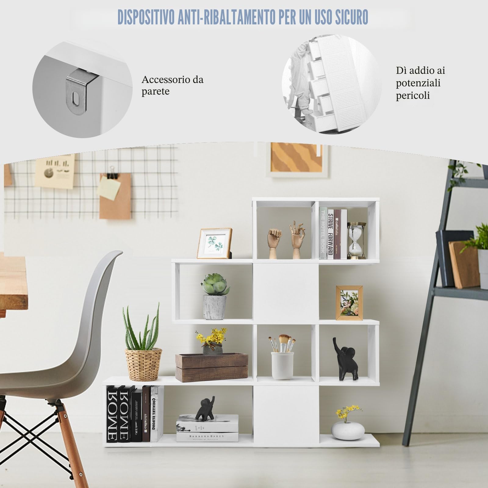 HOMASIS Libreria Scaffale a Forma di Mossa con 4 Livelli, Libreria Moderna Design in Legno, Divisorio Bifacciale Verticale per Soggiorno, Libreria Bianca a Forma di Scala, 120x19,5x109cm (Bianco)
