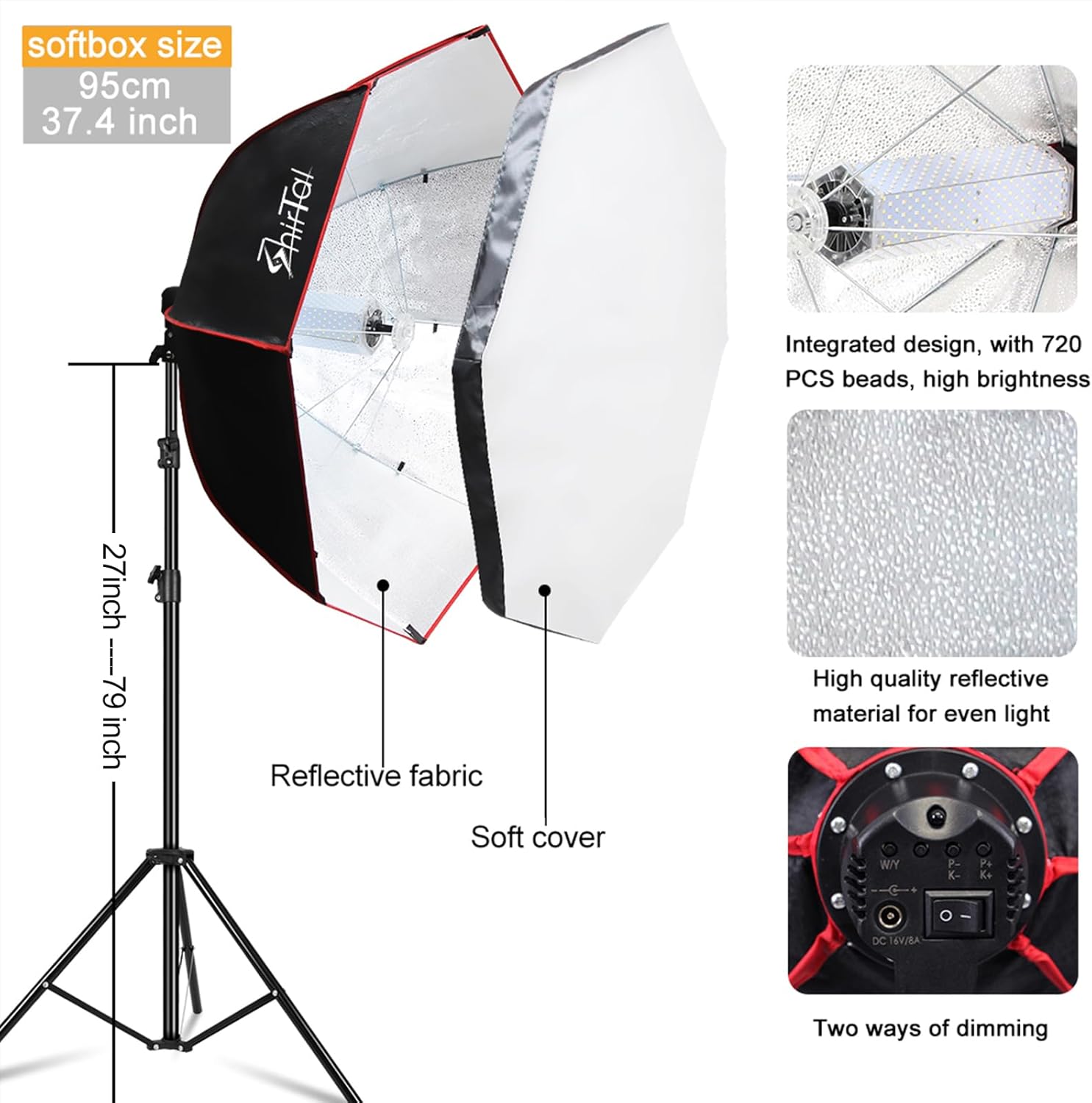 Softbox Lighting Kit,37" Octangle Softbox Photography Lighting Kit with 110W 2700-6500K 11000Lux Dimmable LED Prismatic Lamp and Remote Control,Photo Studio Soft Box Lights for Video Recording - Image 5