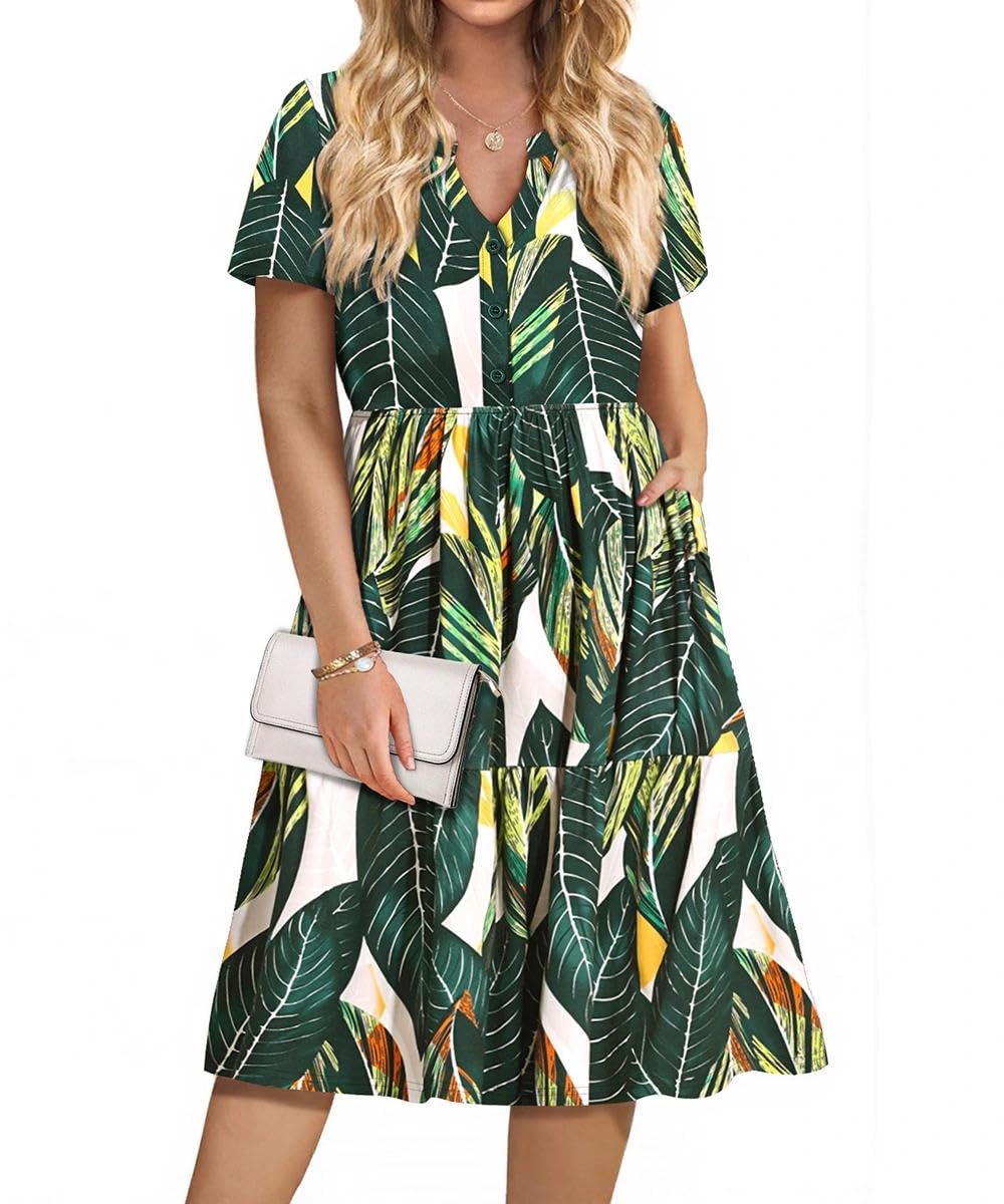 TIYOMI Women Plus Size Dress V Neck Short Sleeve Pleated Midi Dresses Button Down Dress Stripe/Floral/Leaves XL-5XL