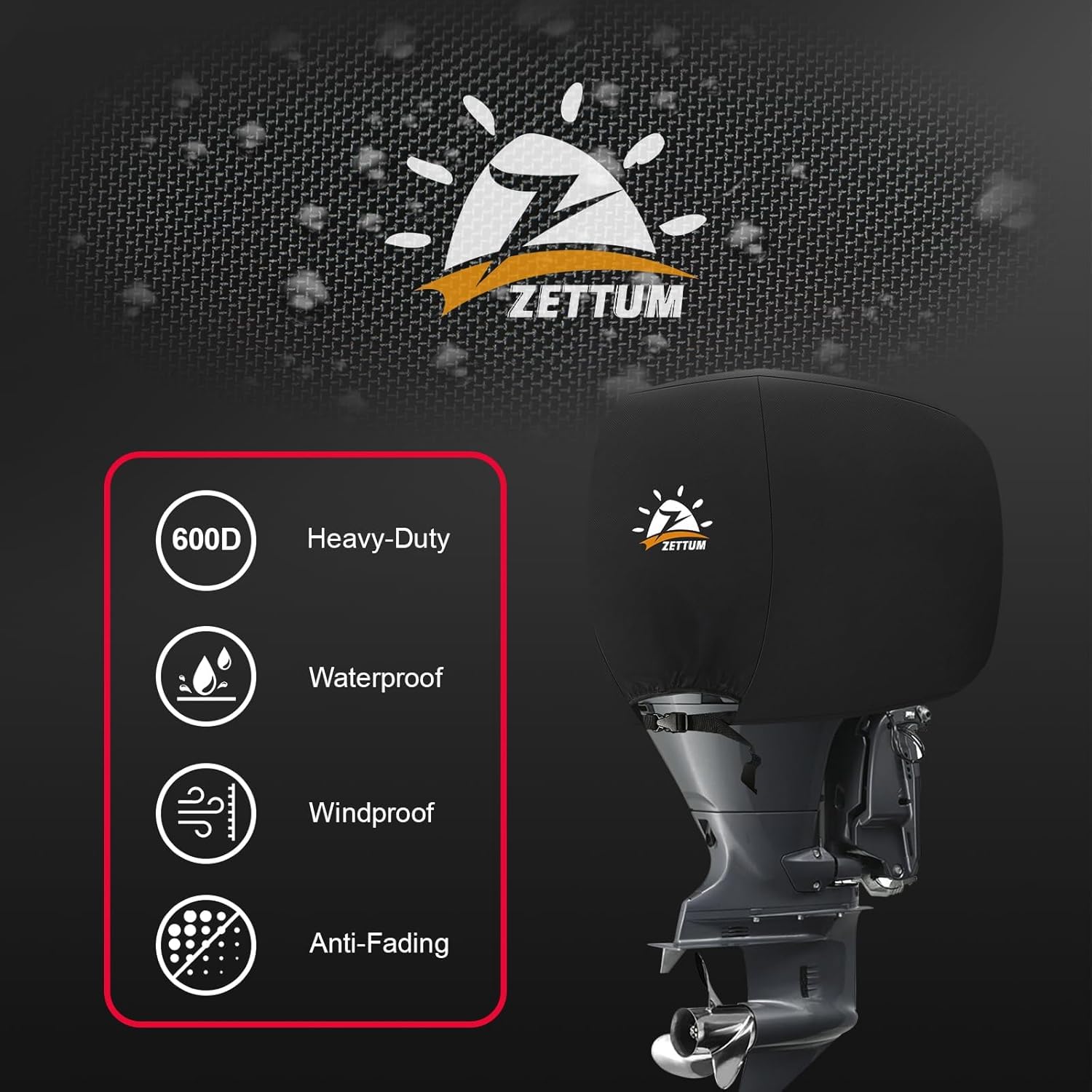 Zettum Housse de Moteur Hors Bord pour Moteurs de 50 à 115 HP, Housse 600D, étanche et résistante, Compatible avec Les Moteurs Yamaha, Mercury et Parsun