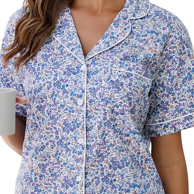 LUBOT 100% Cotton Pajamas for Women 2 Piece PJ Set Woven Poplin Ladies Button Down Short Sleeve Summer Sleepwear S-XXL3